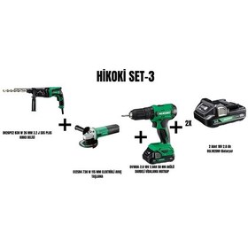 Resim Hikoki Set-3 830W 26 MM 3.2J Sds Plus Kırıcı Delici + 730W 115 MM Elektrikli Avuç Taşlama + 50NM Akülü Darbeli Vidalama Matkap 
