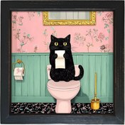 Resim Köpekbalığı Tuvaletli Siyah Kedi Çerçeveli Yağlı Boya - Pembe Kapak ve Havlu ile Komik Çiftlik Hayvan Sanatı, Oturma Odası, Yatak Odası, Mutfak, Çamaşırhane, Banyo Dekoru için İdeal - Öğretmenler Günü, Anneler Günü, Babalar Günü için Mükemmel Hediye 