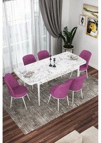 Resim Canisa Kor Serisi 70x114 Açılabilir Mutfak Masası Takımı Beyaz Mermer Desen Masa 6 Mor Sandalye Masa Beyaz Mermer Desenli Sandalyeler Mor 