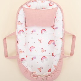 Resim Babynest ve Yastık - Çift Taraflı - Pudra Muslin - Pembe Gökkuşağı 