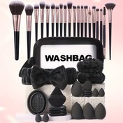 Resim 41 adet yüz makyaj aracı seti, 20 makyaj fırçası, tuvalet çantası, baş bandı, 2 bileklik, 4 büyük makyaj süngeri, 4 mini makyaj süngeri, 4 fan şekilli pudra süngeri, 4 burun pudra süngeri ve bir yıkama kabı içerir. 