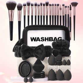 Resim 41 adet yüz makyaj aracı seti, 20 makyaj fırçası, tuvalet çantası, baş bandı, 2 bileklik, 4 büyük makyaj süngeri, 4 mini makyaj süngeri, 4 fan şekilli pudra süngeri, 4 burun pudra süngeri ve bir yıkama kabı içerir. 