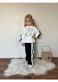 Resim Cg Kids Fiyonk Kol Detaylı Ve Baskılı Kız Çocuk İspanyol Paça 2 İplik Alt Üst Eşofman Takım Siyah 