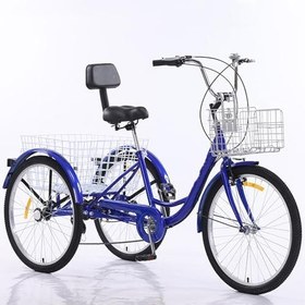 Resim Yetişkinler İÇin Üç Tekerlekli Bisiklet, 24 İNç 7 Hızlı Üç Tekerlekli Bisiklet, Yüksek Karbonlu Çelik Çerçeve, Saklama Sepeti, Ayarlanabilir Koltuk Yüksekliği, İŞe Gidip Gelmek İÇin,Blue 