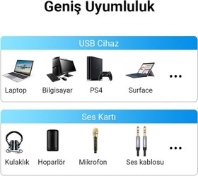 Resim VegGieg USB Ses Kartı 3.5mm Kulaklık ve Mikrofon Girişli Siyah 
