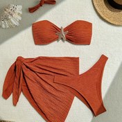 Resim Kadınlar İçin Seksi Halter Yaka Bikini Seti, 3 Parça Yüksek Esnek Örme Kumaş, Düz Renk Polyester %95 ile %5 Elastan, 230g/m², Yaz Plaj Giyim 