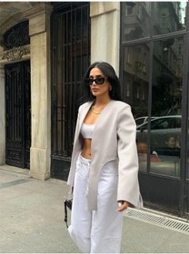 Resim Crop Ceket Bağlama Kuyruklu - Gri Gri 