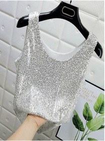 Resim Mefa basic Gri Parlak Payetli Bluz 