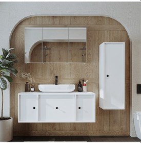 Resim Oval Lavabolu Mat Mdf 120 Cm Banyo Dolabı + Aynalı Dolabı Beyaz Mat Beyaz 