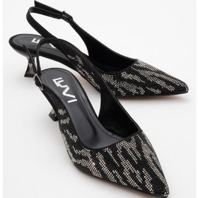Resim Luvishoes Luvi Shoes Ushes Siyah Saten Taşlı Kadın Kısa Topuklu Abiye Ayakkabı Siyah 