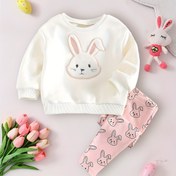 Resim Kızlar için Sonbahar ve Kış 2 parça Moda Yeni Peluş Tavşan Nakış Yuvarlak Yaka Uzun Kollu Üst ve Sevimli Tavşan Tüm Üzerinde Pembe Rahat Pantolon Takımı, Çocuklar ve Okul Öncüleri için, Dış Mekan için 