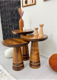 Resim ASELYA HOME Ahşap 3’lü Set Mantar Yan Sehpa Modern Açık Ceviz Fiskos Zigon Çiçeklik 