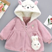 Resim Kızlar İçin Karikatür Tavşan Desenli Uzun Kollu Kapüşonlu Polar Ceket ve Çanta Seti - Sonbahar/Kış Mevsimi için Şirin Dış Giyim 
