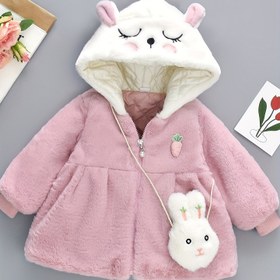 Resim Kızlar İçin Karikatür Tavşan Desenli Uzun Kollu Kapüşonlu Polar Ceket ve Çanta Seti - Sonbahar/Kış Mevsimi için Şirin Dış Giyim 