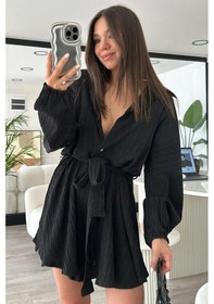 Resim Fashion Cocktail Uzun Kol Casual Kabartma Kumaş Yakalı Düğmeli Boyfriend Gömlek Stil Şortlu Tulum Siyah 