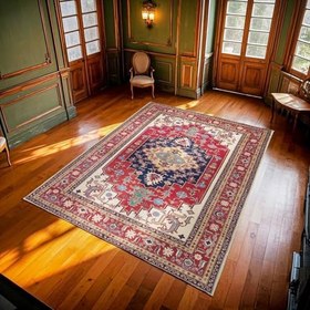 Resim Bordo madalyon Modern Geometrik Etnik Eskitme Desenli Boho Makinada Yıkanabilir Hafif Hav Toz Vermez Leke Tutmaz Kaymaz Taban Dijital Makine Baskı Halı Oturma Odası Salon Yolluk Koridor Mutfak Halısı 