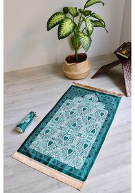 Resim Rumi Desenli İpek Dokulu Keseli Seccade S1030 Yeşil Renk Mavi 