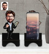 Resim Bk Gift Kişiye Özel Erkek Milyoner Karikatürlü Ahşap Biblo Telefon Standı-1 