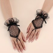 Resim Yabeni Şık Siyah Dantel Parmaksız Eldivenler Fiyonk & Fırfır Detaylı - Nefes Alabilen File, Akşam Partileri, Düğünler & Randevular İçin Mükemmel 