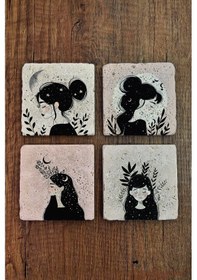 Resim Doğal Taş Bardak Altlığı Yıldızlı Kadınlar Temalı 10x10cm - Stone Coasters Çok Renkli 