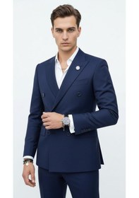 Resim Plus Scorpion Gold Düğmeli Kruvaze Erkek Blazer Ceket Premium Kumaş, Slim Fit Şıklık Açık Lacivert 