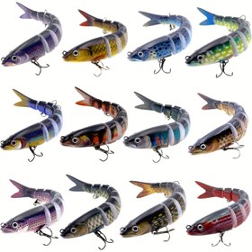 Resim ZZKUG 12 Parça Çok Bölümli Biyonik Balık Yemi Seti - 13,5 cm/5,32 inç 19 g/8 Bölüm Sallanma Tasarımı, Hafif ve Tuzlu Su için Uygun 6 # Güçlendirilmiş Paslanmaz Kanca, Levrek/Kefal/Balıkgazanı Tam Yüzme Katmanı Kombinasyonu 