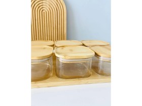 Resim EYD Bambu Tepsili Bambu Kapaklı Kahvaltılık 6'lı Bambu Kahvaltılık Vakum Kapaklı Cam Kahvaltılık 