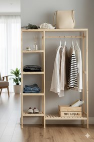 Resim MFG AHŞAP Ahşap Ayaklı Askılı Raflı Çok Amaçlı Elbise Dolabı 147x96x30 