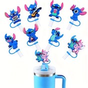 Resim 8 adet Disney Stitch Yeniden Kullanılabilir Silikon Pipet Uçları ve Kapak Koruyucuları - Renkli Karikatür Karakter Tasarımı (Gitar, Barış İşareti, Kalp) - Kadın Moda Aksesuarları için Dayanıklı Gerçekçi Pipet Kapakları, 14 Yaş ve Üzeri İçecek Aksesuarları | Karikatür Karakterli Pimapenler | Esnek Pipet Kapakları 