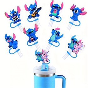 Resim 8 adet Disney Stitch Yeniden Kullanılabilir Silikon Pipet Uçları ve Kapak Koruyucuları - Renkli Karikatür Karakter Tasarımı (Gitar, Barış İşareti, Kalp) - Kadın Moda Aksesuarları için Dayanıklı Gerçekçi Pipet Kapakları, 14 Yaş ve Üzeri İçecek Aksesuarları | Karikatür Karakterli Pimapenler | Esnek Pipet Kapakları 