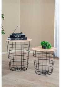 Resim Dekoratif Metal Tel Sepet Zigon Sehpa Takımı, 2'li İskandinav Tarzı Ahşap Kapaklı Orta Sehpa Siyah 