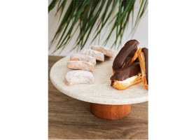 Resim Gemboss Doğal Mermer Pasta Kek Standı , Ahşap Ayaklı Kek Standı,mermer Sunumluk, Mermer Peynir Tabağı 25 cm 