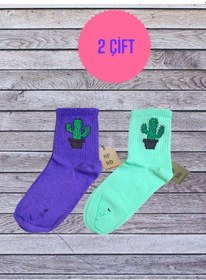 Resim 2 Çift Kaktüs Desenli Pamuklu Yumuşak Dikişsiz Çorap Arakonç Kadın Yeşil Ve Mor Soket Çorabı 36-40 Renkli 
