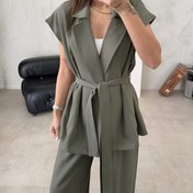 Resim YY1225058 Kadınlar için Şık Omuz Açık Yelek + İpli Bel Bandı ve Pliseli Pantolonlu İki Parçalı Takım 