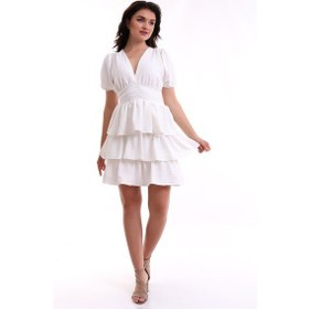 Resim Mois Atelier Beyaz Aerobin Kısa Kol Büzgülü Fırfırlı Kadın Mini Elbise 