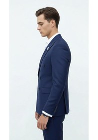 Resim Plus Scorpion Gold Düğmeli Kruvaze Erkek Blazer Ceket Premium Kumaş, Slim Fit Şıklık Açık Lacivert 