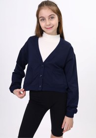 Resim Toontoy Lacivert Kız Çocuk V Yaka Düğmeli Düşük Omuz Örme Okul Hırkası - 2 İplik 