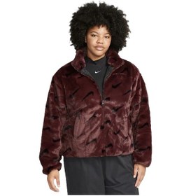 Resim Nike Sportswear Loose Fit Printed Faux Fur Jackret Geniş Kalıp Suni Kürk Kadın Ceket Bordo Bordo 