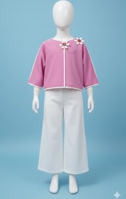 Resim Kız Çocuk Bisiklet Yaka Oversize Broş Çiçek ve Biye Detaylı Bluz - Pembe - 1-2 Yaş 