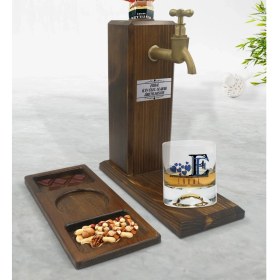 Resim BK Kişiye Özel Harfli Viski Bardağı & Musluklu Doğal Ahşap Içki Standı & Masif Ahşap Dikdörtgen Sunum Tabağı Çerezlik Hediye Seti-2 