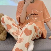 Resim Kadınlar için Şık Yazlık Pijama Takımı - Sevimli Karikatür Ayı Baskı, Kısa Kollu & Uzun Pantolon, Yumuşak Polyester Karışımı, Şeffaf Olmayan - Evde veya Dışarıda Mükemmel 