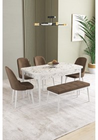 Resim Ikon Beyaz Mermer Desen 80x132 Mdf Açılabilir Mutfak Masası Takımı 4 Sandalye, 1 Bench Kahverengi 