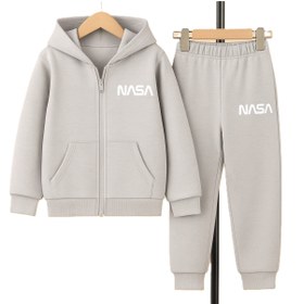 Resim classy moda Eşofman Takımı - 2'li Üst Alt - 3 İplik Şardonlu - Kapüşonlu Kanguru Cepli Fermuarlı - NASA Baskılı 