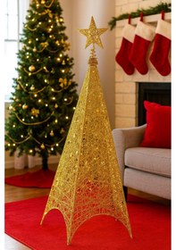 Resim 125 Cm Yılbaşı Tel Kule - 3 Boyutlu Altın Gold Renkli Lüks Dekoratif Kule Işıklı Çam Ağacı Alternatifi Diğer 