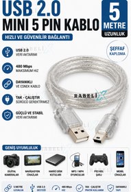 Resim Rabelix Online Marketing 5 Metre USB 2.0 Mini USB 5 Pin Kablo Kamera Navigasyon PS3 Şarj Kablosu 