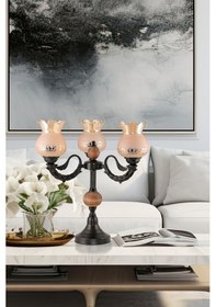 Resim Üçlü Şamdan Masa Lambası Abajur Siyah Bal Rengi Camlı Siyah 