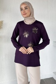 Resim Taşlı Tesettür Anne Penye Bluz Mor TZL-P-00021462 