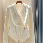 Resim Kadınlar İçin Şık Asimetrik V Yaka Kardigan - Bel Detaylı Uzun Kollu Slim Fit Kazak, Makinede Yıkanabilir Her Mevsim Üstü, Günlük ve Resmi Giyim için, Zarif Kumaş, Pürüzsüz Dokulu 