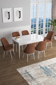 Resim Canisa Han Serisi 70x114 Açılabilir Mdf Mutfak Masası Takımı Beyaz Masa 6 Kiremit Sandalye 