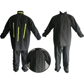 Resim Sera Trend Motorcu Yağmurluk Reflektör Çizgili Alt Üst Takım Yağmurluk Su Geçirmez Dikişsiz Fermuarlı Siyah Yağmurluk 